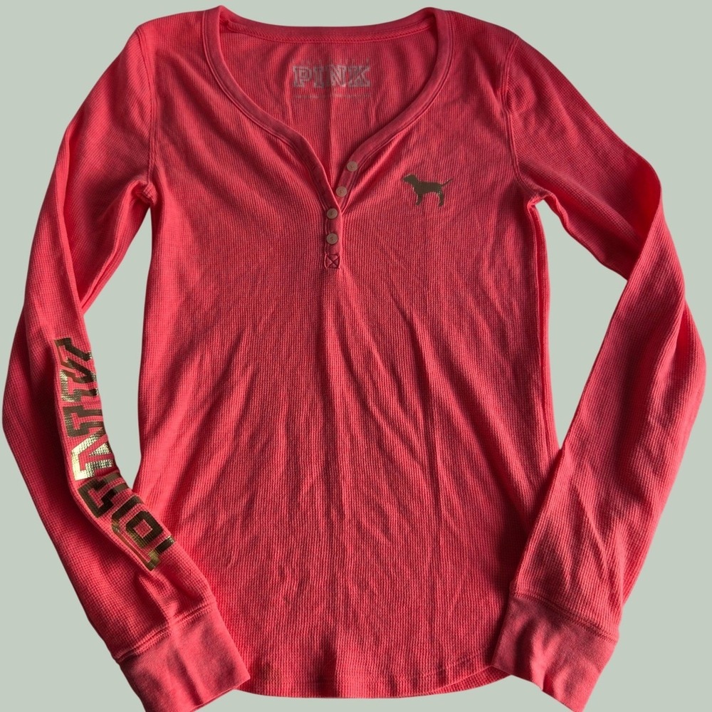 Victoria's Secret PINK Henley Top Neon Pink Waffle Knit Long Sleeve Y2K Medium